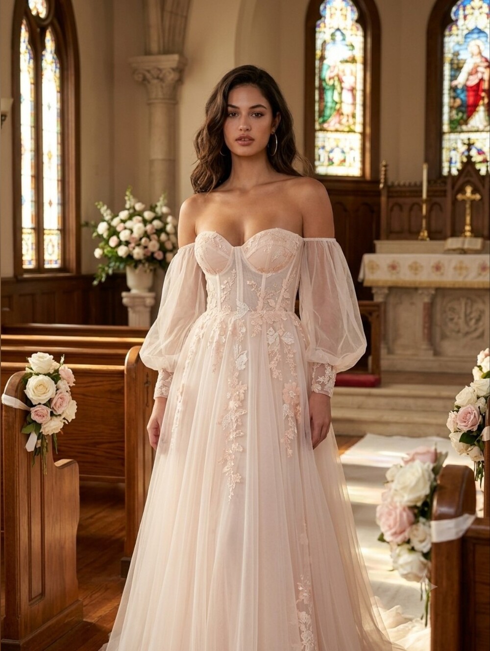 NWT Madi Lane Turner, Size 14 Blush Tulle Wedding Gown with Detachable Sleeves